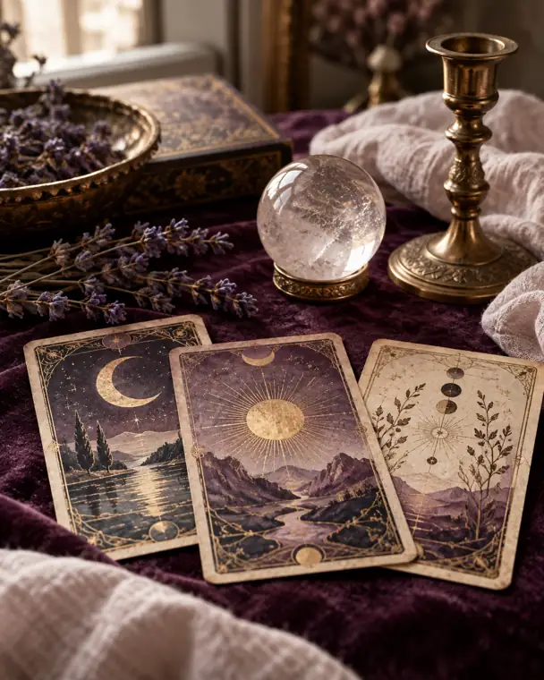 Cartes symboliques, boule de cristal et lavande sur une étoffe prune